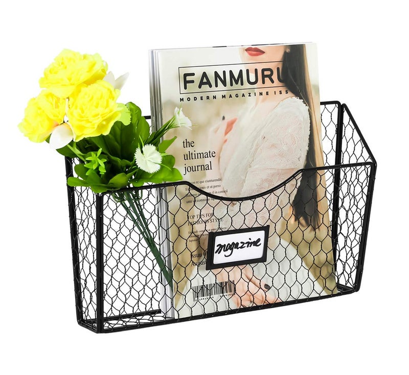 PAG 3 Pockets Hanging File Holder Wall Mount Mail Organizer Metal Chicken Wire Magazine Rack with Tag Slot, Black - Image 3